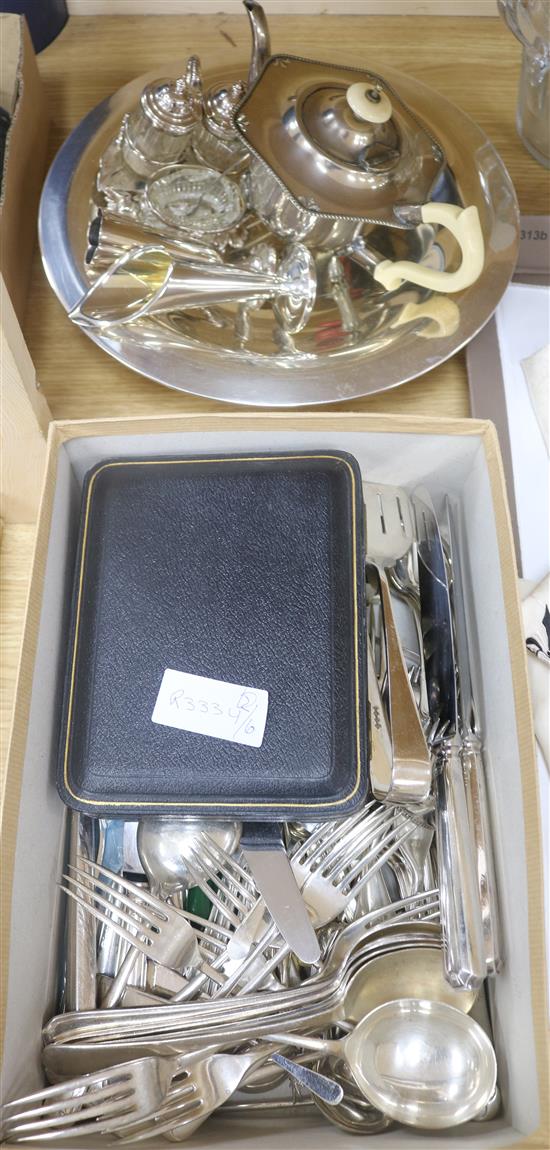 A quantity of mixed silver plated cutlery and plated wares